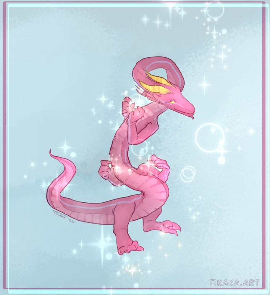 ancient pink fey dragon grandpa Paappa flying whilst magicking around sparkles. He has three pairs of limbs!