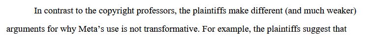 Excerpt reading, "In contrast to the copyright professors, the plaintiffs make different (and much weaker) arguments for why Meta's use is not transformative."
