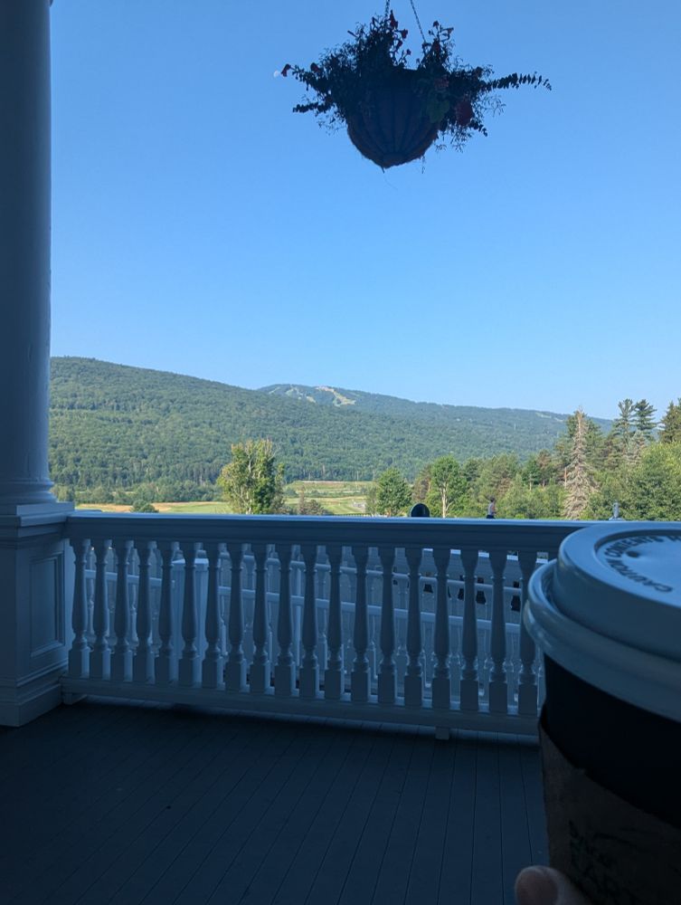 In the foreground a takeaway cup of coffee and then the white railing of a porch and then in the background a vista of rolling green hills and cloudless blue sky. With a hanging plant. 