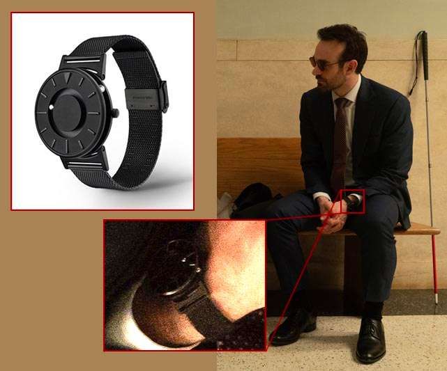 Montage of photos showing Matt, a close-up of his new watch, and an inset showing the watch clearly. On the watch face, vertical lines denote hours (but a triangle indicates "12") and what looks like silver metal balls move around two dials to indicate time. The rest of the watch, and bracelet, are matte (!) black.