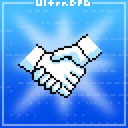 Pixel art of hands shaking with light radiating around it. 