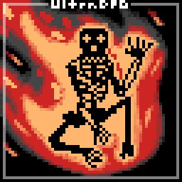 Pixel art of a skeleton on fire. It is looking and waving at the viewer.