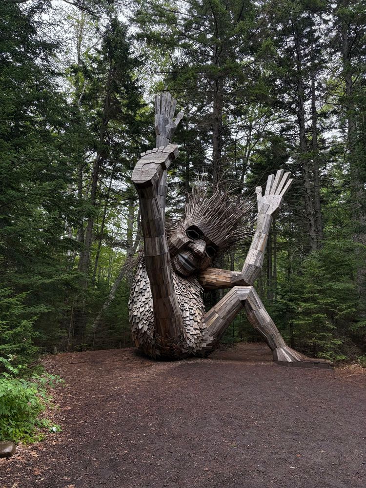 A large wooden sculpture of a whimsical figure with outstretched arms, sitting among trees in a forested area. The figure has a textured body made of various wooden pieces.