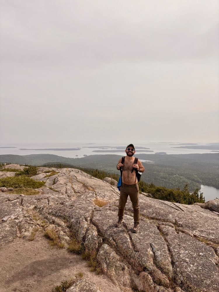 A person stands on a rocky mountain top, wearing brown pants and a backpack, with a view of a forested landscape and the ocean in the background. The sky is overcast.