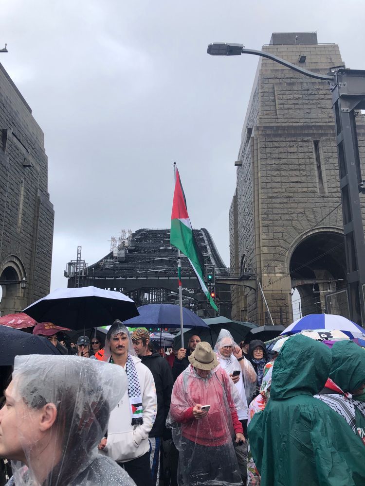View of marchers at March for Humanity on Sydney Harbour Bridge. 