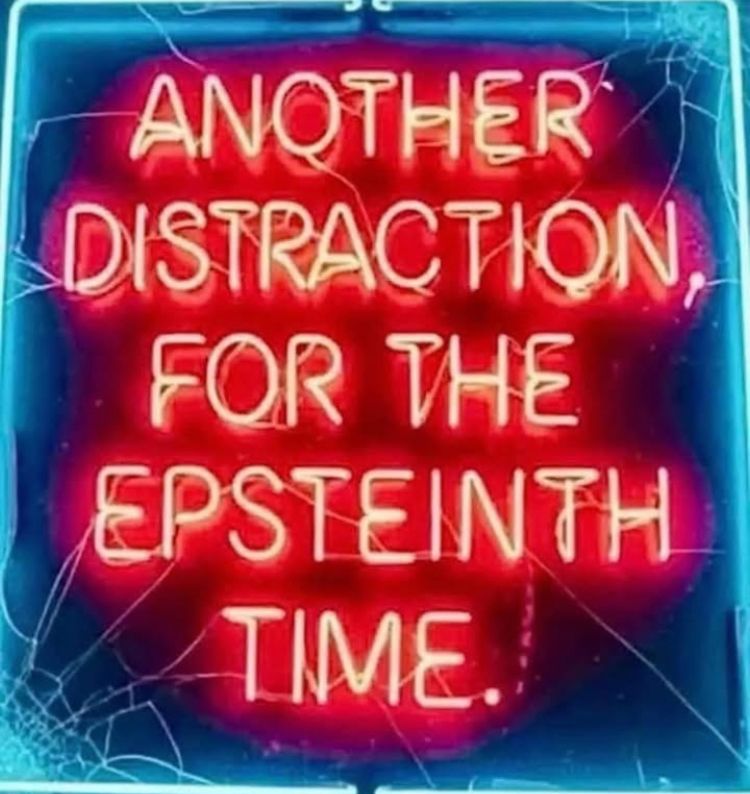 A red neon sign reads ANOTHER DISTRACTION FOR THE EPSTEINTH TIME.