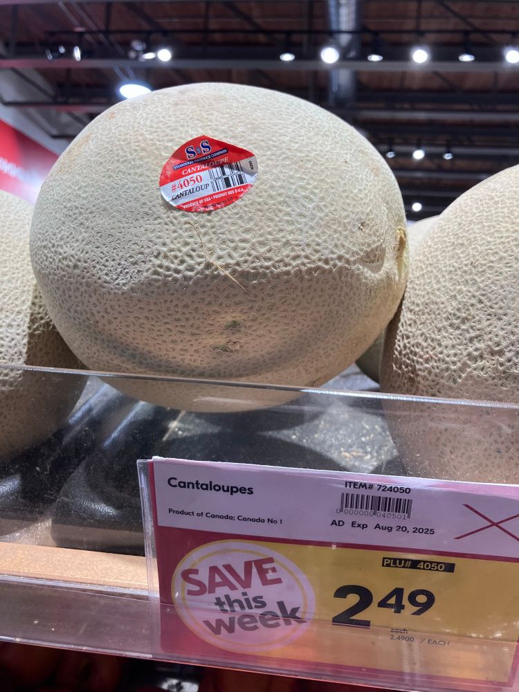A grocery store sign says “product of Canada” cantaloupes are on sale. The cantaloupes have stickers on them that read Product of US.