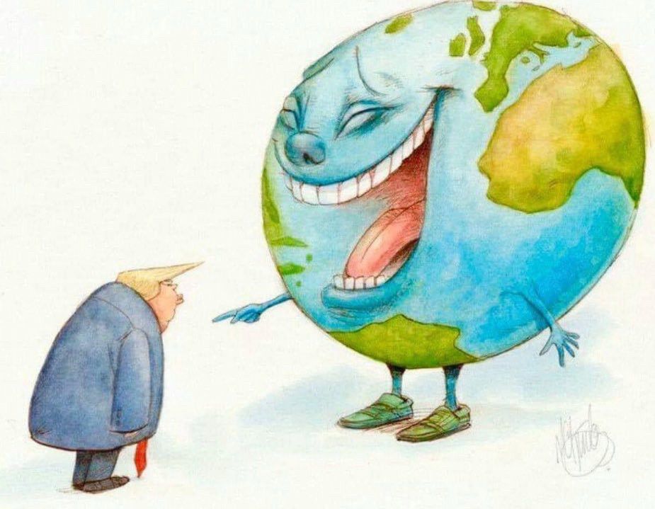 A cartoon depicts the world (a globe with a face, feet and arms) pointing and laughing at a fat, hunched over Trump
