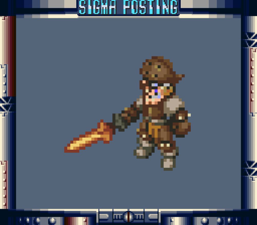 Sigma's head added to pixelart of a knight in brown armor with white accents on his shoulders and boots. He is holding an orange sword in his right hand.

My favorite character from Final Fantasy Tactics. Such a jerk, and you get teased by having such a powerful class of knight in your party that is just out of reach until later.
