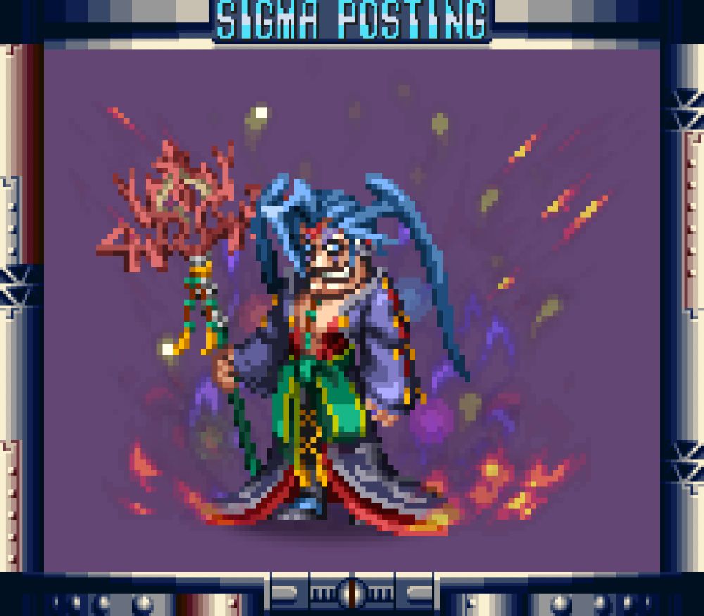 One of Sigma's heads from Mega Man X6 added over pixelart of a character in colorful robes with blue, almost antennae-like hair holding a large, ornate staff. He is teeming with magical energy that surrounds him.

Sigma and Seymour have some alarming similarities. Both are evil, both are too stubborn to die, both look to infect something else. If I find design documents that show that Seymour was originally bald I'd scream