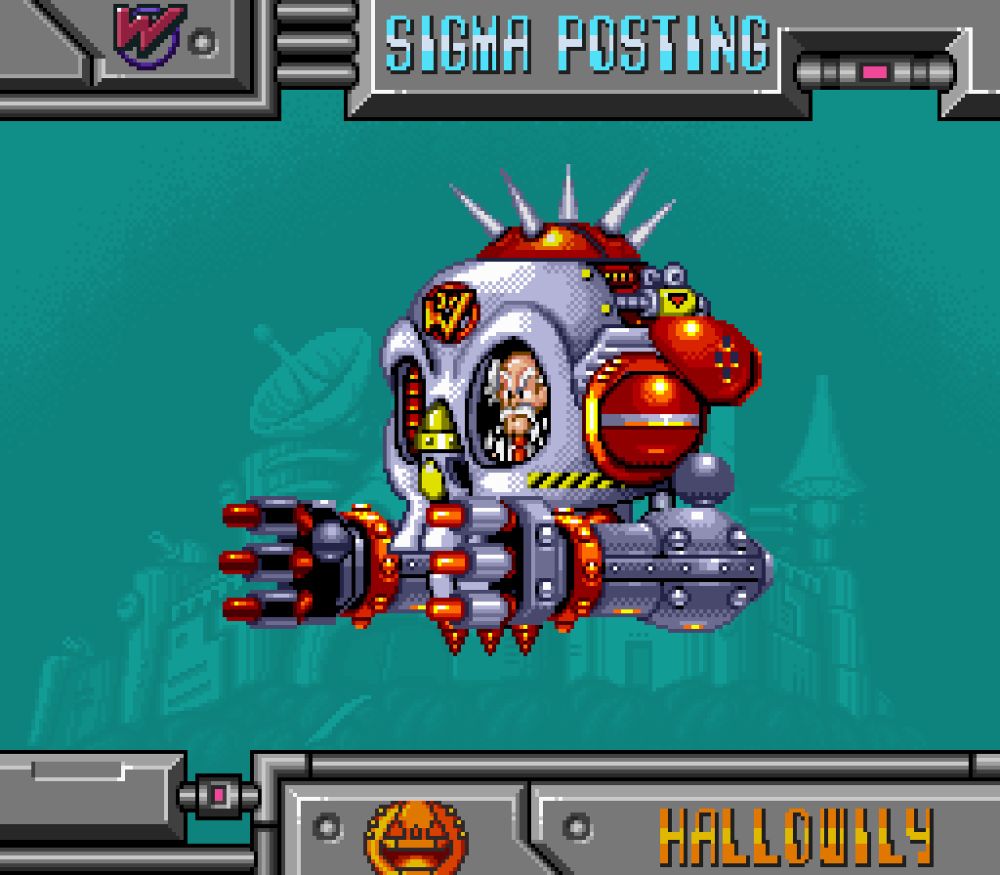 An amalgamation of Wily Machine 7 and Big Arm. The arms, shoulders, the spiked top and the yellow light on the nose are all borrowed from Big Arm, as well as some plating and the black and yellow lines. 

I already posted this one last year, but I love how it turned out, I don’t mind reposting it.