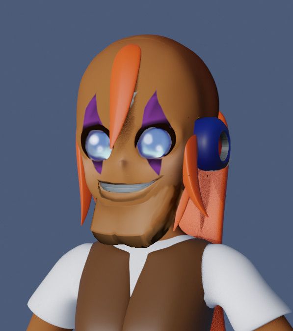 A 3D model edited to have traits of Sigma from Mega Man X. A tan character with orange hair is missing most of the hair on their head. Their eyes have been edited to be all blue with no pupils, and purple scars are over their eyes. They have a poorly imposed 3D chin and a blue robot ear.