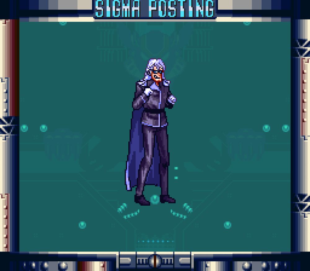 Sigma's face from Mega Man X2 over Kunzite, a white-haired main in a black suit with a purple cape. He stands with his two fists raised up near his sides.

A simple SNES sprite edit to start November off to cool down after a busy October.. and September for that matter.