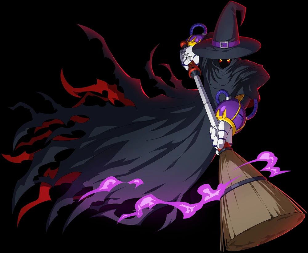 Artwork of Flame Demon Sigma from Mega Man X DiVE. He is wearing a shredded black robe with a black witch hat, purple armor on his arms and a broomstick pointed at the viewer. His face i s shrouded by shadow, only glowing eyes and scars visible.