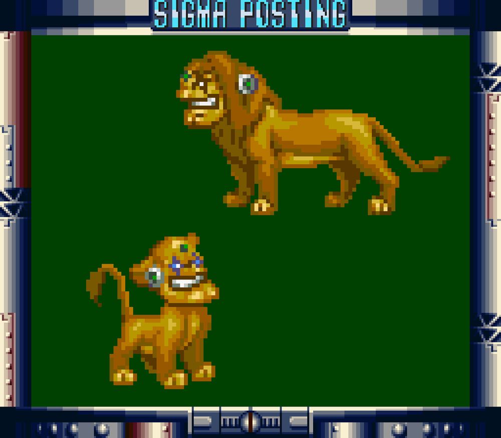 SNES sprites of both young and old Simba with Sigma's faces from Mega Man X6 on each.

Ah yes, just as I remember it. The Maverick Hunters chased him away and years later he comes back ready to take revenge.
