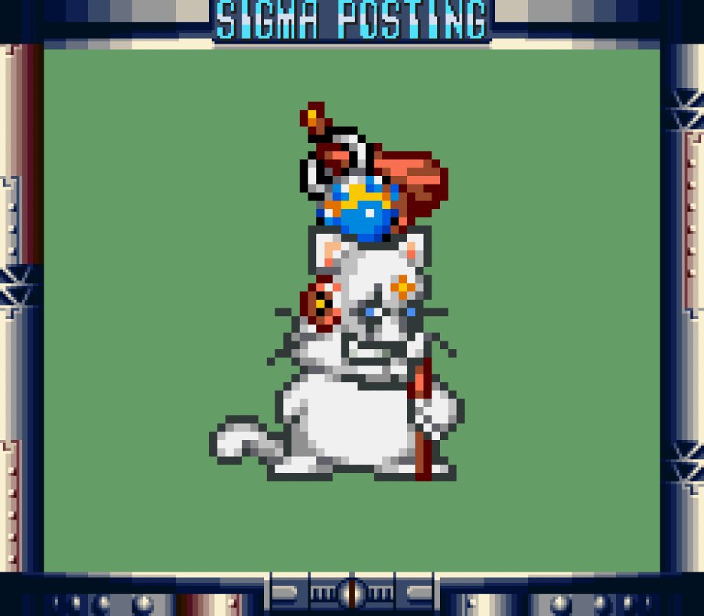 One of Sigma's heads from Mega Man X6 added over pixelart of a rotund white cat standing on its feet holding a staff that has a blue ball hanging from it by a ring.

There's something extra cursed about Sigma being a short cat...