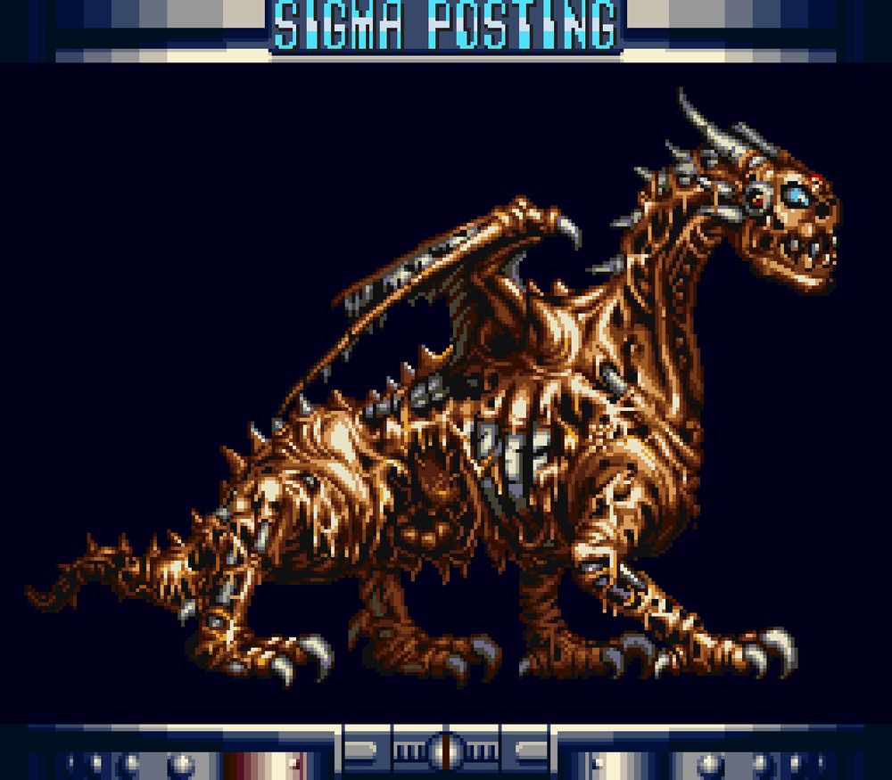 One of the Slime Sigma faces from Hell Sigma’s battle in X6 over Somulo. Somulo’s teeth are added on the inside of Sigma’s four skull teeth.

This boss isn’t difficult, but the fact that it’s not only the first boss, but first ANYTHING you encounter in Demon’s Crest is an absolutely incredible spectacle. 