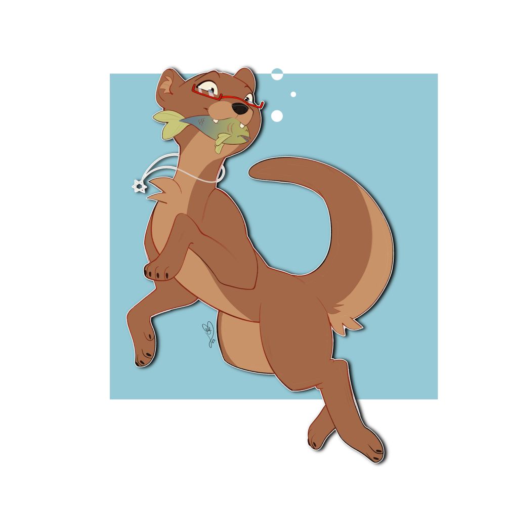 A brown otter (non-anthro) wearing half-moon classes and a breakaway chain with a Star of David on it, smiling around a fish in his mouth