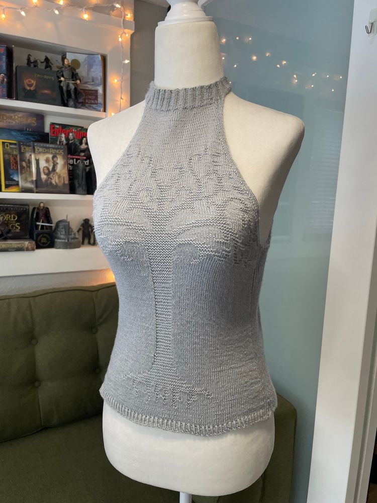 The halter top, better displayed on a dress form.
