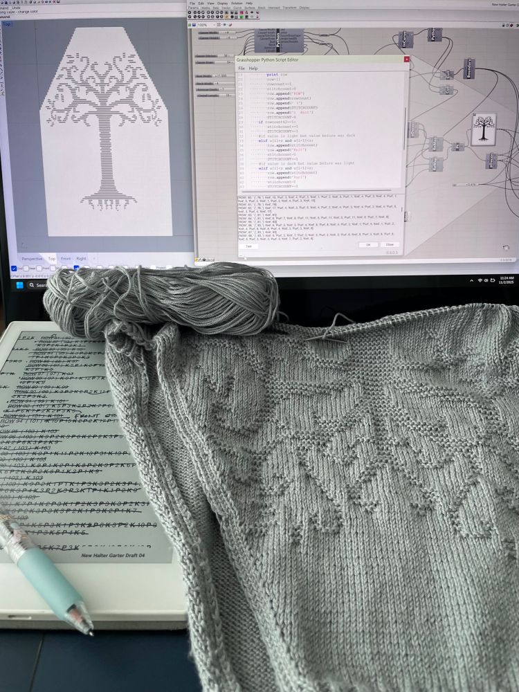 A little vignette with my script, the pattern, the chart, my WIP, and my tablet all deliberately laid out to brag.