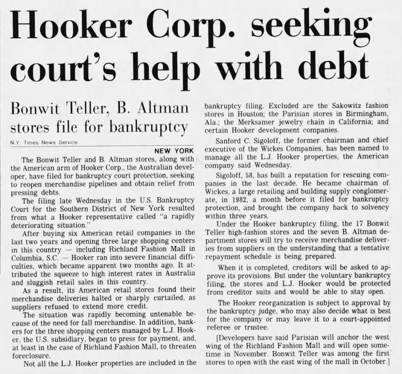A newspaper article detailing the Hooker Corporation's filing for bankruptcy. The article highlights that the corporations American stores were not able to keep their merchandise inventories stocked because suppliers refused to extend more credit to them.  Richland Fashion Mall threatened foreclosure. 