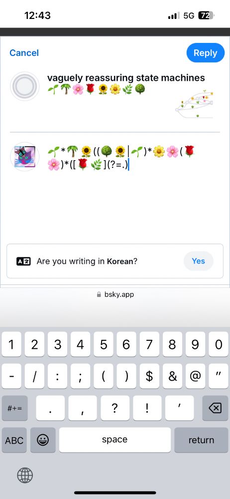 Me typing the regexp on my phone, and it says "Are you writing in Korean?" and a button that says "Yes"