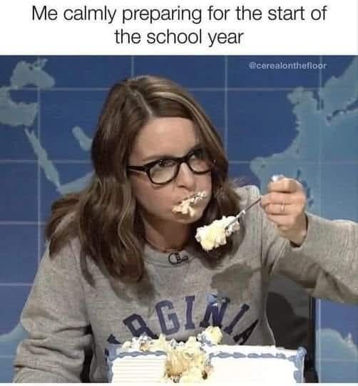 Tina Fey stuffs a spoon of cake into her mouth intently, wearing a sweatshirt that says "VIRGINIA".

Text above Tina: "Me calmly preparing for the start of the school year.5"
@cerealonthefloor