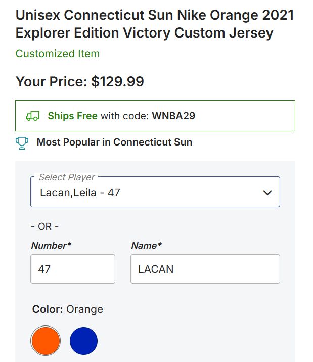 WNBA Connecticut Sun custom jersey for Leila Lacan