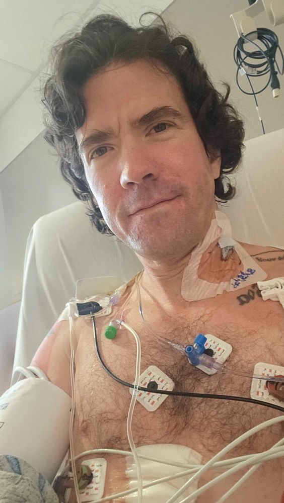 selfie the day i came out of surgery--central line, heart monitors, IV and blood pressure cuff
