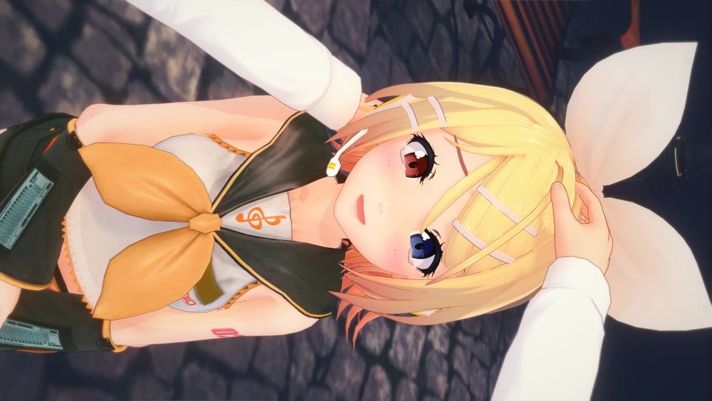The vocaloid Rin Kagamine with heterochromatic (red and blue) eyes getting her head pat.