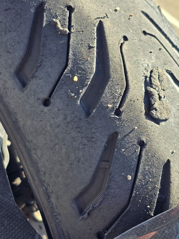 Michelin Road 6 after being thoroughly used. Lots of grip for a ST tire and plenty of mileage left to get me home.