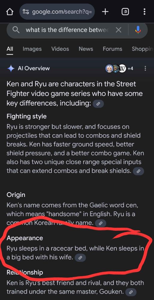 Google search "AI Overview" results
[a couple of paragraphs that seem reasonably accurate]
a red circle highlights "Appearance: Ryu sleeps in a racecar bed, while Ken sleeps in a big bed with his wife."