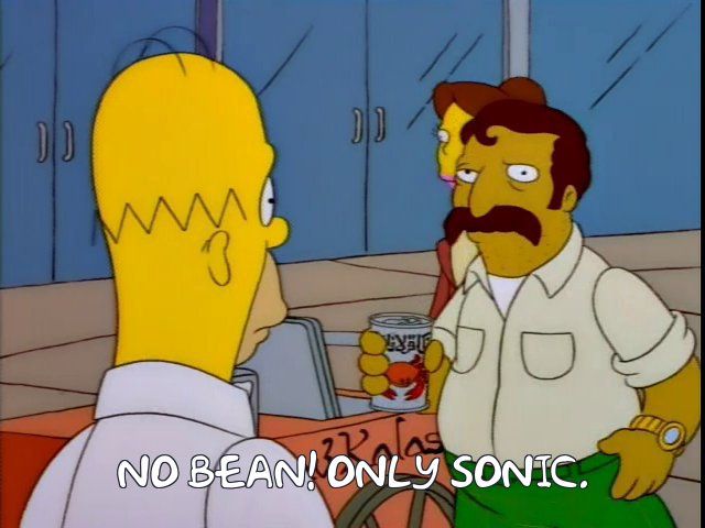 simpsons "klav kalash" street vendor guy saying "no bean! only sonic."