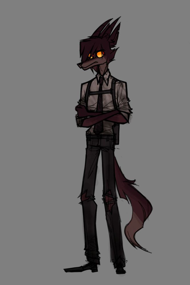 Auburn, having revealed his true form to be an imp. This visibly terrifies him. He wears a white collar shirt under a gun holster and some very dark ripped jeans. His fur is a dark and ashy red. His eyes glow a bright orange and red. His horns and ears point back in the same direction and his hair nearly covers his eyes. His tail is thin and whispy.