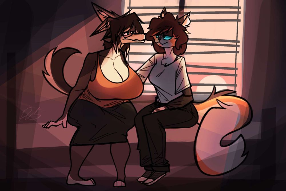 An anthro wolf with brown fur and a heavy figure sits next to their lover, a slimmer, anthro, calico cat with vivid blue eyes. Both are dressed comfortably as a pink morning sun floods their room through the thin blinds. They could be here for hours.