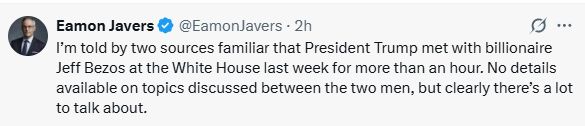 Eamon Javers on Twitter:
I’m told by two sources familiar that President Trump met with billionaire Jeff Bezos at the White House last week for more than an hour. No details available on topics discussed between the two men, but clearly there’s a lot to talk about.