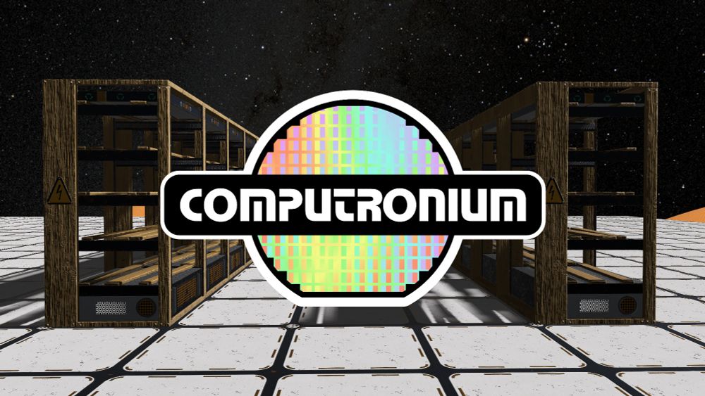 The Computronium logo, in a stylized retro future text over a colorful chromatic depiction of a silicon wafer. The logo is over an image of a row of empty server racks on a tiled floor beneath a starry sky.