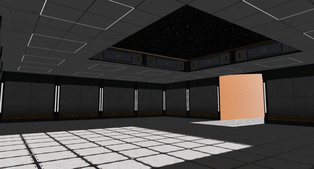 An in game screenshot of the interior of a player created space with foundations and walls.