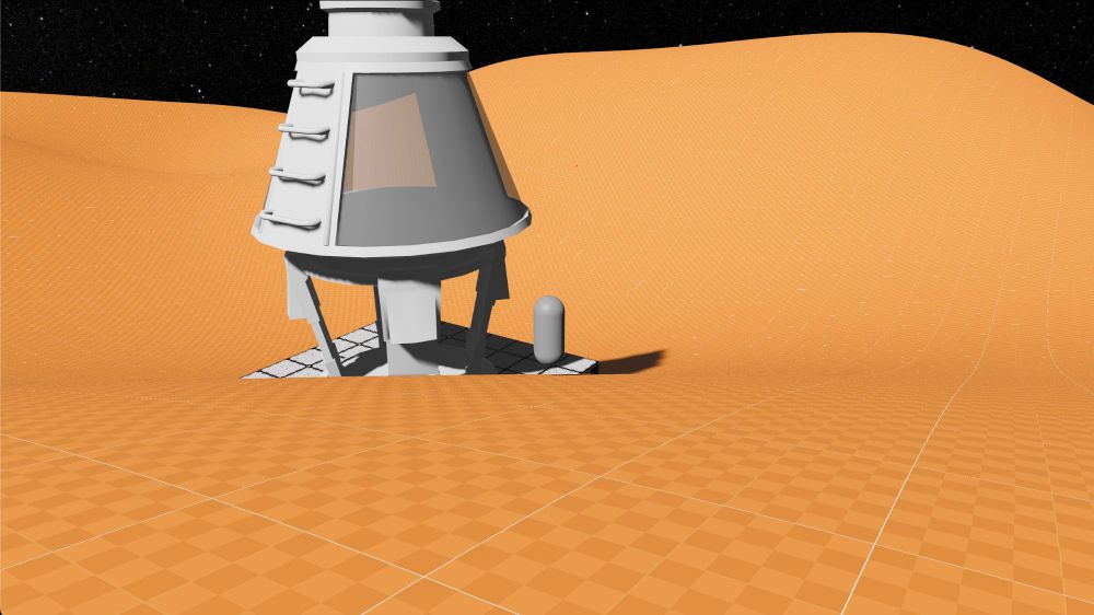 In-game screenshot of a spawn platform that looks like a rocket capsule suspended on legs. It has large windows on each side.