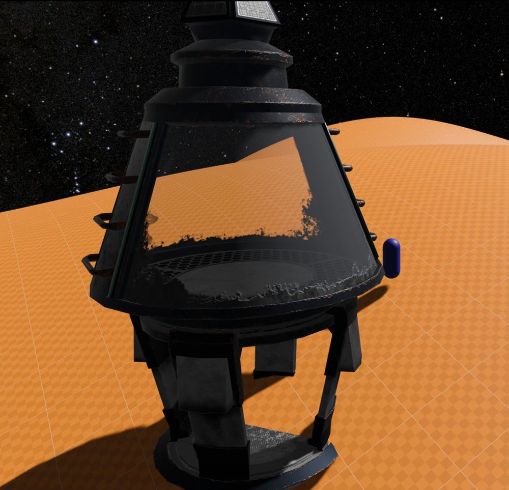 A screenshot of an in-progress spawn platform that looks like a rocket capsule suspended over four legs. It has two large windows and some charring from reentry on the windows.