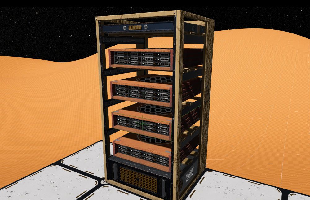 An in game render of a server rack with servers on shelves. The rack is made of wood and the servers have wooden chassis.