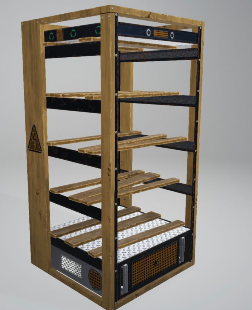 A 3d model of a server rack that has wooden planks in place of shelves.