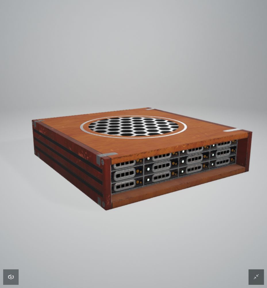 A 3d model of a rackmount server that has a wooden chassis and a used "hand me down" look. 