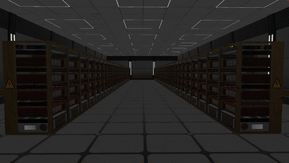 An in-game screenshot of a long row of servers on racks stretching into the distance.