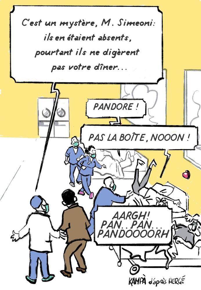 Dans une salle d'hôpital, un médecin dit à un homme de dos: "C'est un mystère, M. Simeoni: ils en étaient absents, mais ils ne digèrent pas votre dîner…"
Sur leur lit, trois hommes see tordent en criant "Pandore!" "Pas la boîte, noooon", "Arrgh ! Pan… Pan… Pandoooorh"