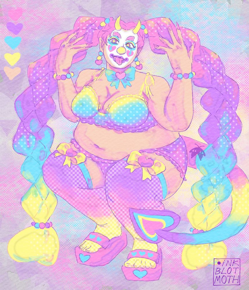 A woman in a squatting position with her arms up to show off her nails and her tongue sticking out. She has a pastel rainbow color palette, large pigtail braids, devil horns and tail.