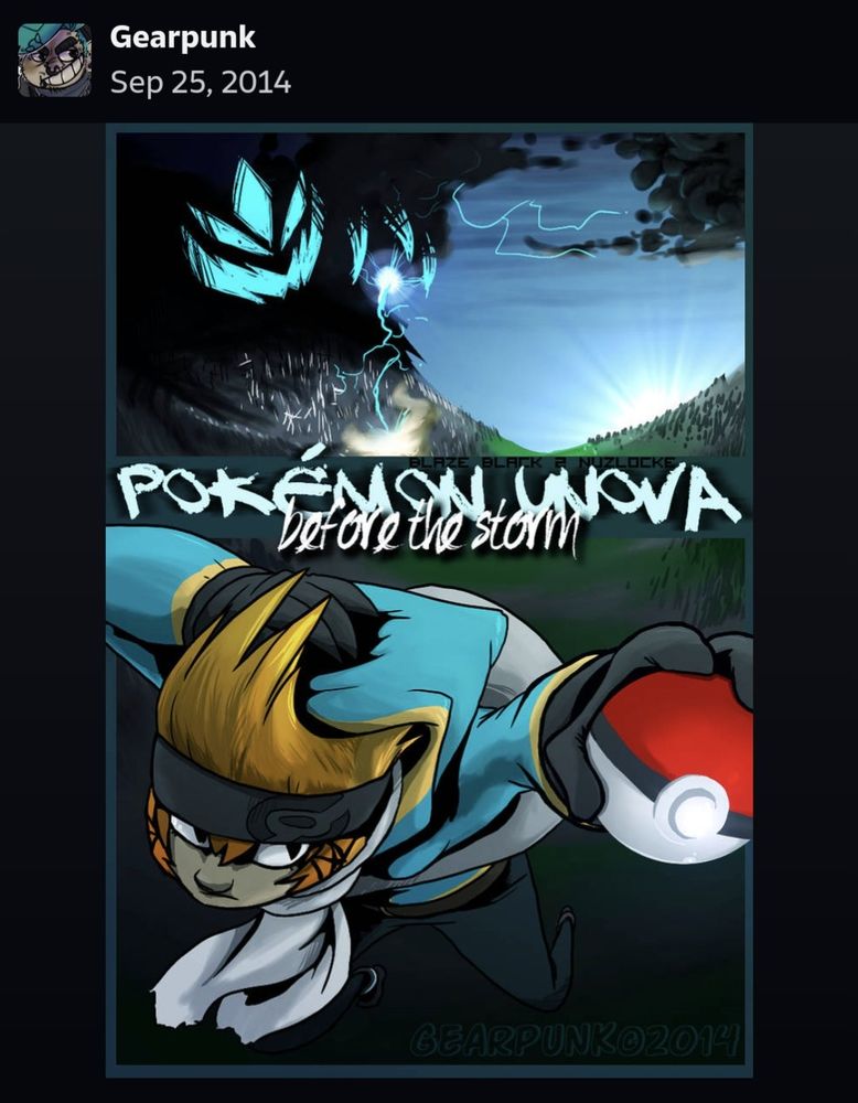 The cover for a retired pokemon comic called Pokemon Unova, Before the storm. Kai when they were a pokemon Trainer, holds their hood on while holding out a Pokéball, seemingly jumping towards the camera. A horizon behind them reveals a grinning electric creature in a cloud above a mountain while the sun comes up over another hill across a long field. 