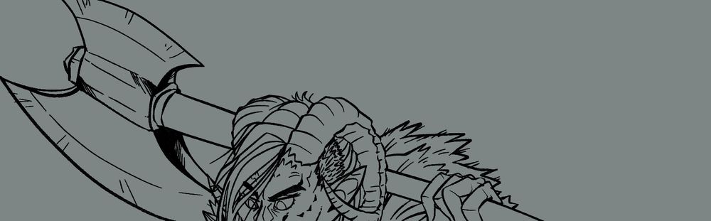 A cropped lineart of a horned character with an axe on her shoulder. 