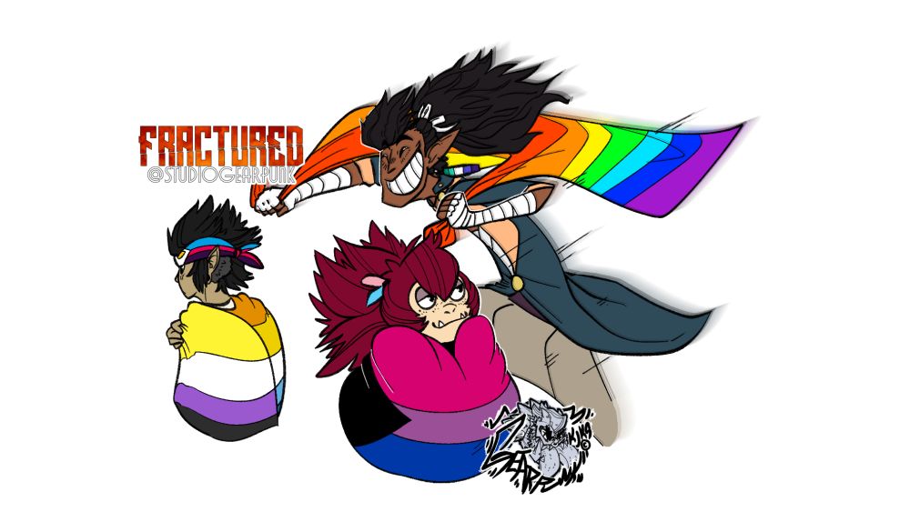 Kai, Raj and a younger Finnbar from Fractured Comic. Kai has a non-binary and aroace flag wrapped around them with a poly flag bandana. Finnbar had the demi-bisexual flag wrapped around him with the transgender colours on his hair tie. Raj is flying in to tackle them both with the rainbow flag, and the gay man colours on his earring. 