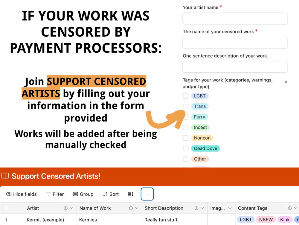 If your work was censored by payment processors:
Join SUPPORT CENSORED ARTISTS by filling out your information in the form provided.
Works will be added after being manually checked. 
example image of the form with the information asked for, and what the table looks like